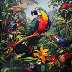 A painting of a jungle scene with a colorful parrot perched on a branch