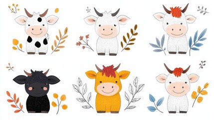 Fototapeta premium Cute Cartoon Cows with Bright Colors and Floral Elements for Kids' Designs and Decorations