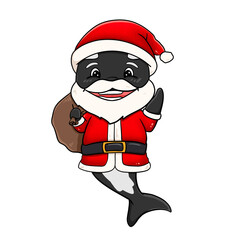 A mischievous little whale character as Santa for Christmas.