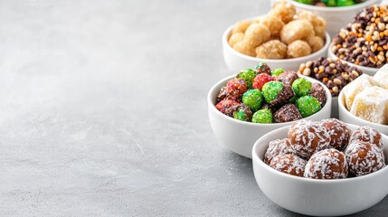 Colorful candy assortment in bowls, grey background, food photography, website banner