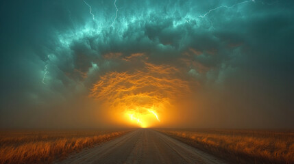 Tornado cutting through an open prairie, with flashes of lightning illuminating its path