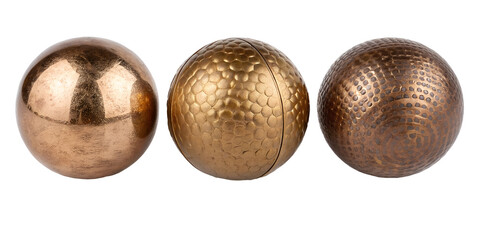Fototapeta premium Three Different Shiny Bronze Spheres on Transparent Background, Decorative, Bronze Balls