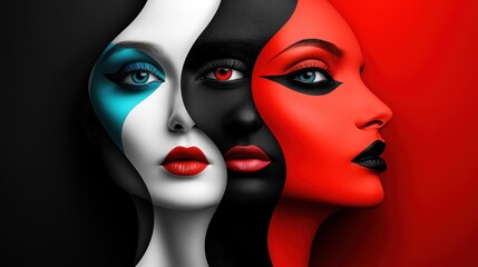 Abstract art with three surreal faces in bold colors, featuring strong contrasts and artistic expressions.