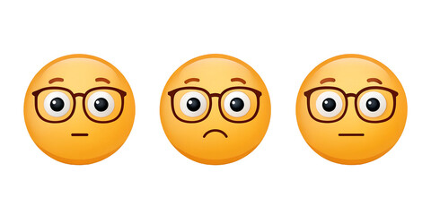 Naklejka premium Three Different Thinking Emojis with Glasses and Hand on Transparent Background, Humorous, Thoughtful Emojis