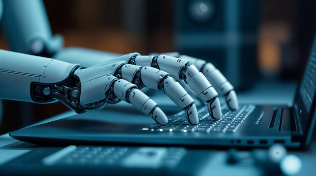 Robot hand typing on laptop keyboard