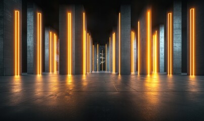 Glowing orange pillars in dark concrete hall, ideal for futuristic background