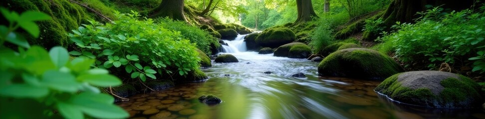 Obraz premium Gentle water stream flowing through forest undergrowth, woods, stream, green