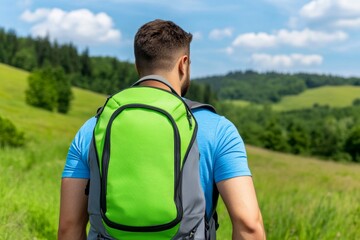 Naklejka premium Caucasian male hiker walking through wilderness embracing nature walking with backpack