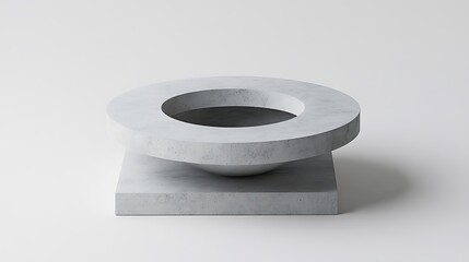 A Concrete Sculpture Displays Circular Elements Against a White Background