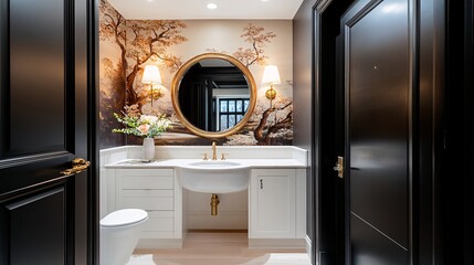 Elegant Modern Bathroom Design with Artistic Wallpaper and Chic Accents in Neutral Color Palette