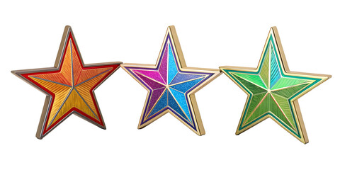 Obraz premium Three Various Metallic Rainbow Star Sign Icons on Transparent Background, Cosmic, Zodiac Emblems