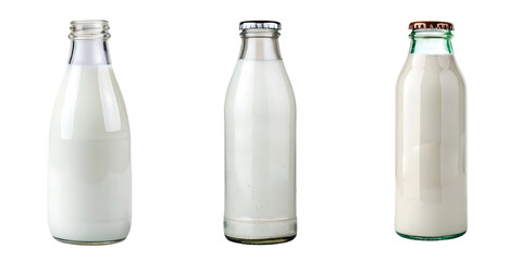 Three Various Bottles of Milk on Transparent Background, Healthy, Natural Milk Bottles