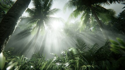 Naklejka premium Sunlight filters through dense tropical foliage, illuminating lush greenery in a serene rainforest setting.