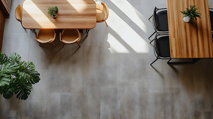 Top view on modern minimalist living and dining area, Scandinavian design in wood and porcelain tiles