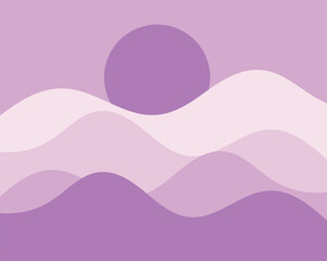  A modern, abstract landscape illustration featuring layered wavy hills and a large circular sun in shades of purple. The minimalist and calming design is perfect for backgrounds, wall art,digitaL