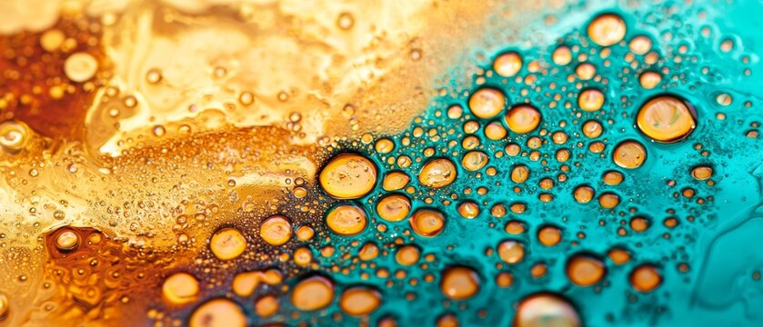 Close-up of a caffeine-powered carbonated beverage golden hues effervescent fizz ice cubes bobbing condensation shimmering neon accents capturing the essence of an energizing drink