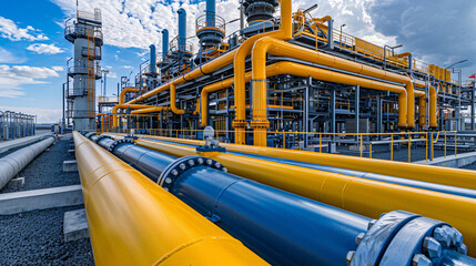 A modern high-tech energy facility with a hybrid gas and hydrogen pipeline system, highlighting advancements in clean energy transport. 