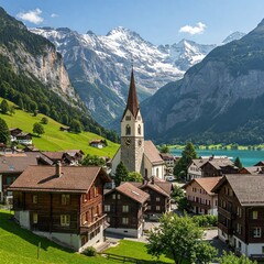 Fototapeta premium Scenic Swiss Village in the Alps, Featuring Traditional Wooden Homes and a Towering Church Steeple.