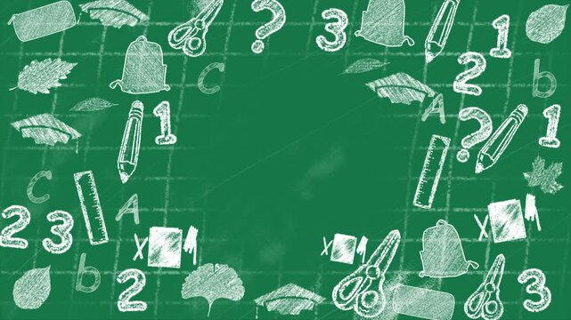 Hand Drawn learning symbol chalk texture on school Chalkboard, Chalk style loop seamless animation 