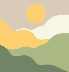 A modern abstract landscape featuring wavy hills in earthy greens and yellows with a warm sun in the background. This minimalist illustration conveys a peaceful and natural aesthetic, perfect for back