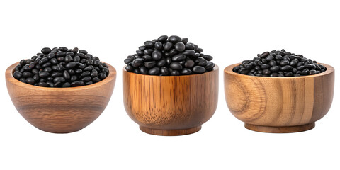Fototapeta premium Three Various Wooden Bowls Overflowing with Black Beans on Transparent Background, Rustic, Farm Fresh
