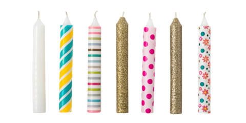Six Different Birthday Candles on Transparent Background, Fun, Colorful Candle Set