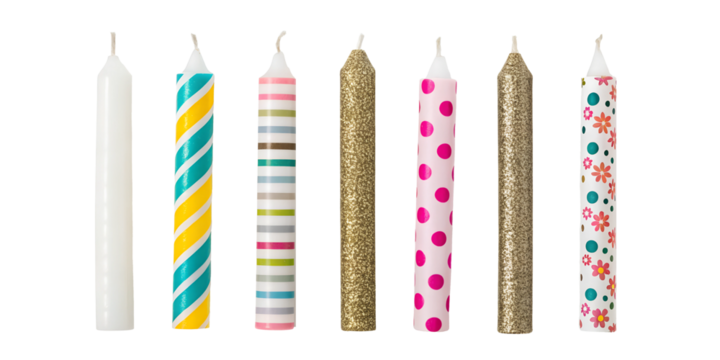 Six Different Birthday Candles on Transparent Background, Fun, Colorful Candle Set