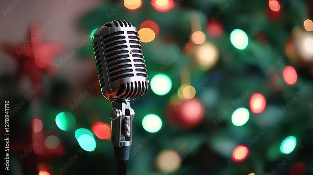 Poster a microphone against a blurred background with colorful bokeh lights. 
