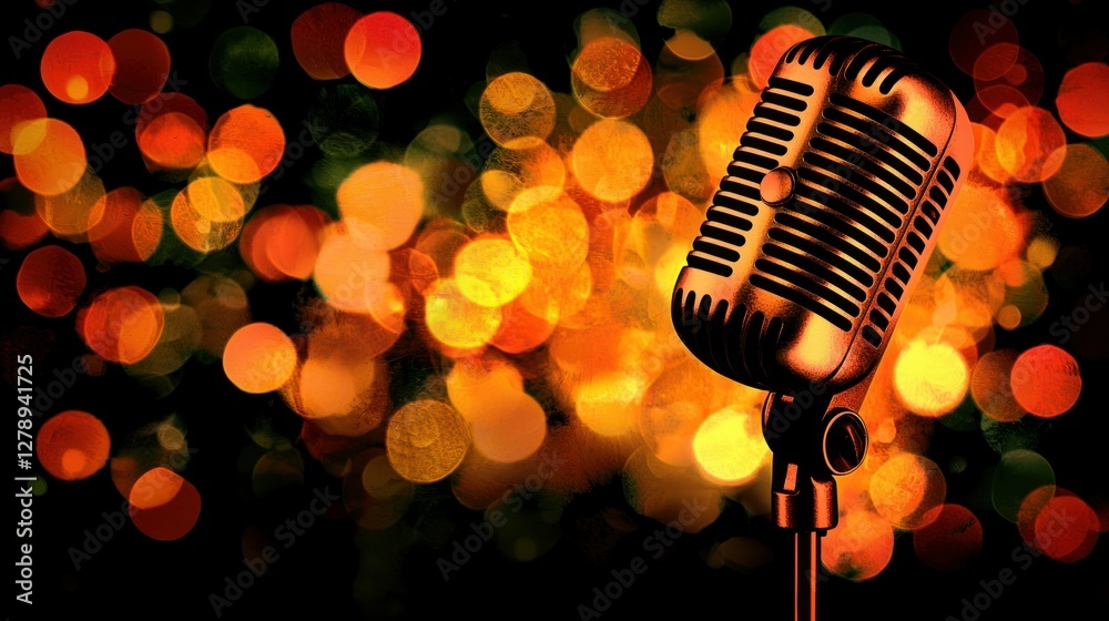Poster a microphone against a blurred background with colorful bokeh lights. 
