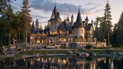 Fototapeta premium A stunning stone mansion with turrets surrounded by lush greenery and a tranquil lake at sunset.