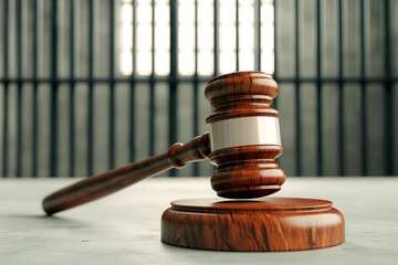 A detailed image of a wooden gavel resting on a round base, symbolizing justice and legal authority in a courtroom setting.