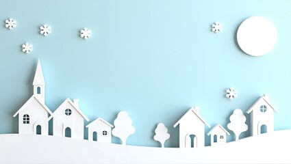 Minimalist winter village in paper-cut style. White houses, church, and snowflakes on a soft blue background. Full moon adds charm to the serene, elegant scene.