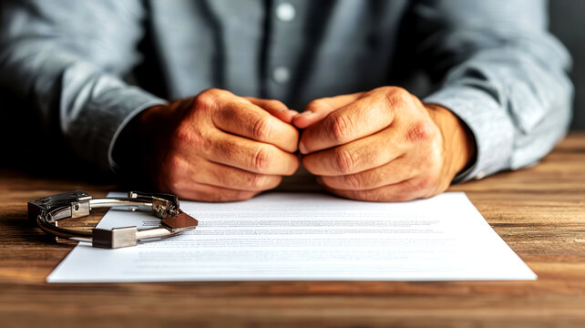 A close-up of hands resting on a document with handcuffs nearby, evoking themes of justice, crime, and legal matters.