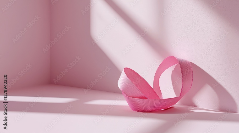 Poster a minimalist pink ribbon heart design with shadows on a plain white surface.