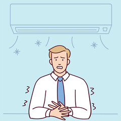 A businessman in a white shirt and blue tie looks exhausted, standing under an air conditioner. He holds his stomach and appears unwell, possibly from the extreme heat. The background is light blue. 