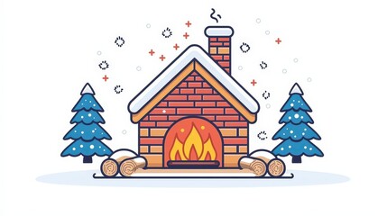 Cozy Winter Cabin with Fireplace Surrounded by Snowy Trees and Falling Snowflakes