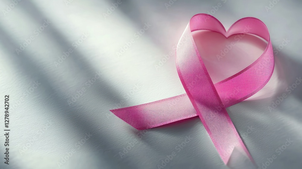 Poster a minimalist pink ribbon heart design with shadows on a plain white surface.