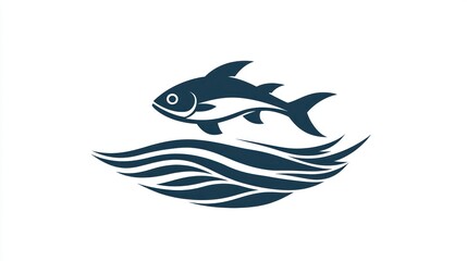 A minimalist seafood logo design featuring a fish silhouette with waves and a modern typography style. 