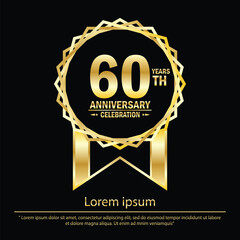 60th years anniversary celebration emblem. elegant golden anniversary logo isolated with medal badge and ribbon on black background. vector illustration template design 
