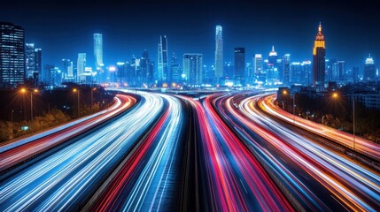 Aerial view of a vibrant city at night, showcasing illuminated skyscrapers and a bustling highway under the starry sky.