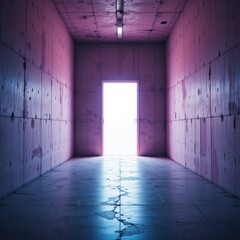 Obraz premium Minimalist interior with pink walls and bright light emerging from an open door in an empty corridor