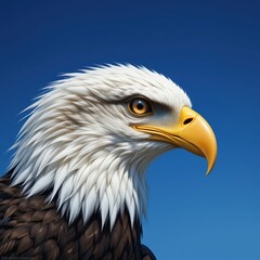 Fototapeta premium Majestic Bald Eagle Close-Up Portrait Against Clear Blue Sky with Detailed Feathers and Striking Eyes
