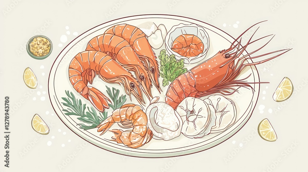Poster a minimalist vector design of a seafood platter with elegant line art and soft pastel colors.