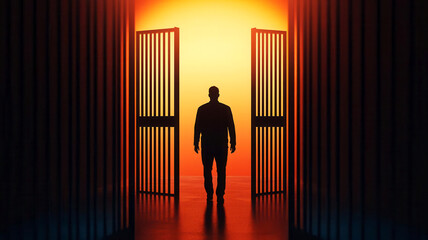 A silhouette of a man standing at an open door against a vibrant sunset backdrop, symbolizing freedom and new beginnings.