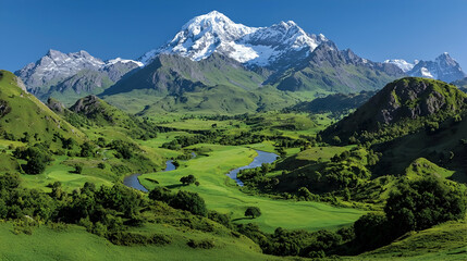 Obraz premium Majestic snow-capped mountain, green valley, river, sunny day, travel postcard