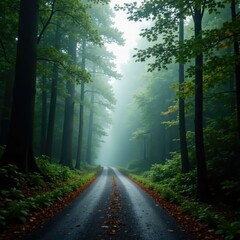 Obraz premium Misty forest road winding through dense foliage, winding road, nature
