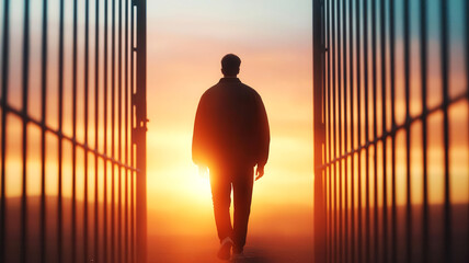 A silhouette of a man walking through an open gate at sunset, symbolizing freedom and new beginnings.