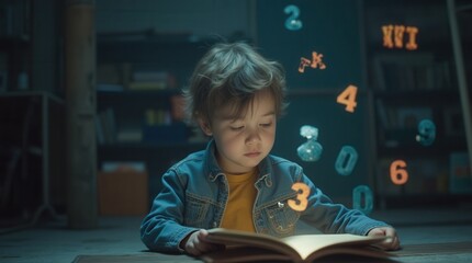 Curious Asian schoolboy reading magical book with floating numbers at night