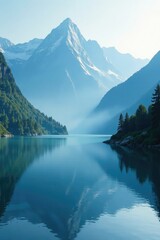 Misty mountain range with a serene lake in the background, , gradient, lake