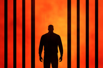 A silhouette of a person stands against a dramatic orange background, evoking emotion and contemplation of freedom and confinement. - obrazy, fototapety, plakaty